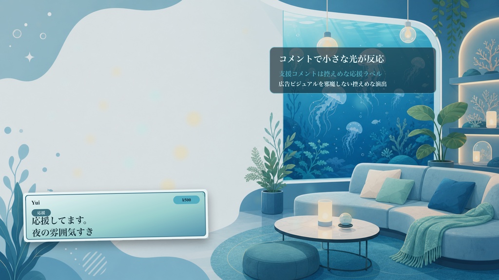 フラット広告の水槽チルラウンジコメントオーバーレイ|OBS・わんコメ対応テンプレート
