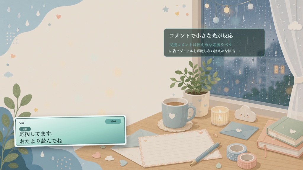 フラット広告の雨の日チャット窓辺コメントオーバーレイ|OBS・わんコメ対応テンプレート