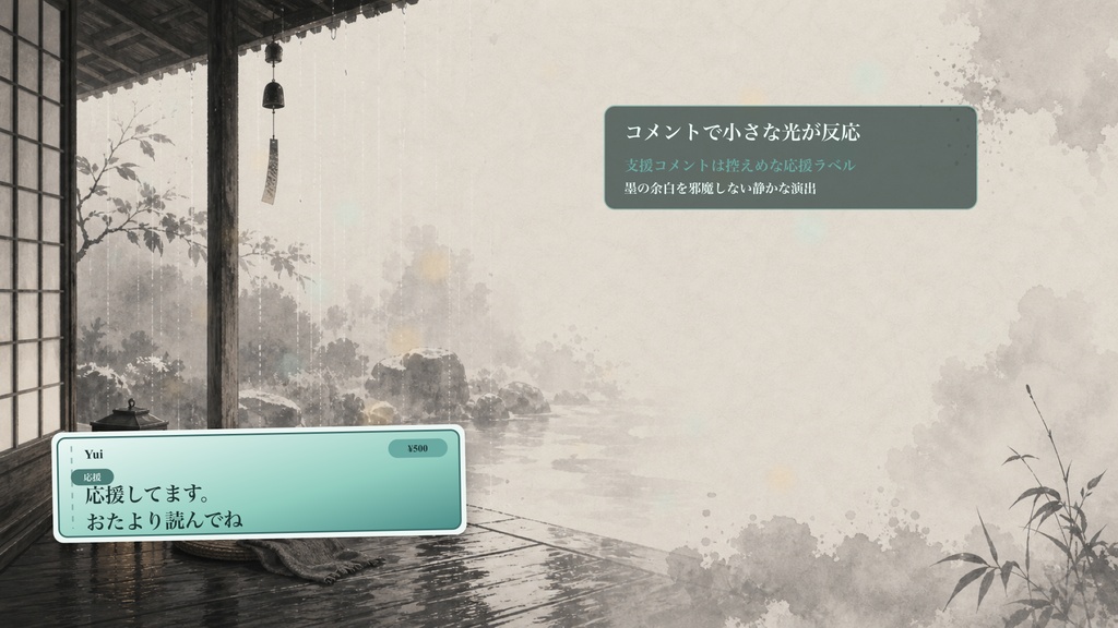 墨絵の雨宿り縁側コメントオーバーレイ|OBS・わんコメ対応テンプレート