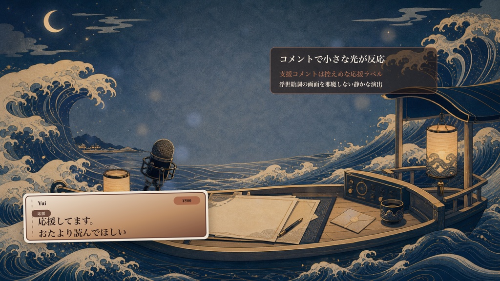現代浮世絵の波間ラジオ舟コメントオーバーレイ|OBS・わんコメ対応テンプレート