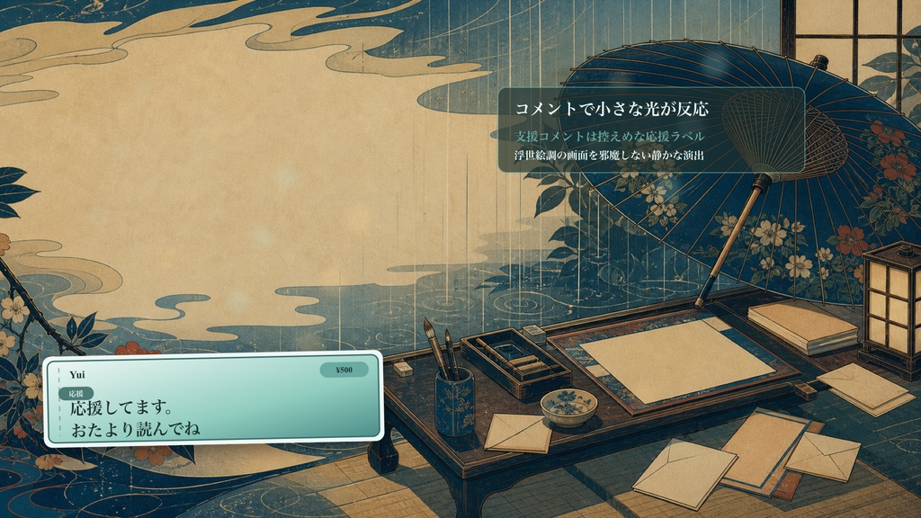 現代浮世絵の雨傘文机コメントオーバーレイ|OBS・わんコメ対応テンプレート
