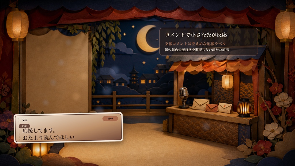 紙芝居ポップアップの月夜の紙芝居ラジオ屋台コメントオーバーレイ|OBS・わんコメ対応テンプレート