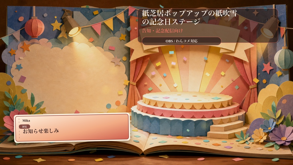 紙芝居ポップアップの紙吹雪の記念日ステージコメントオーバーレイ｜OBS・わんコメ対応テンプレート