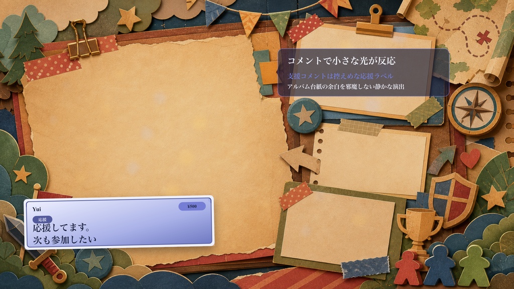 スクラップブックの参加型ミッション台紙コメントオーバーレイ|OBS・わんコメ対応テンプレート