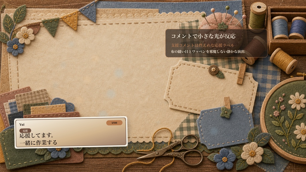 フェルト刺繍の作業机の刺繍サンプラーコメントオーバーレイ|OBS・わんコメ対応テンプレート