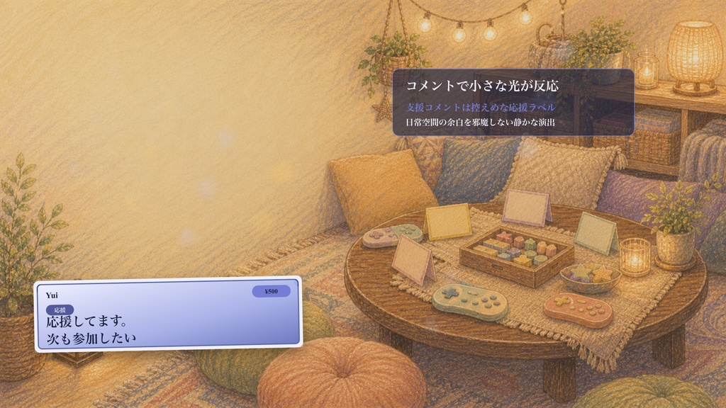 日常部屋のクッションゲーム部屋コメントオーバーレイ|OBS・わんコメ対応テンプレート