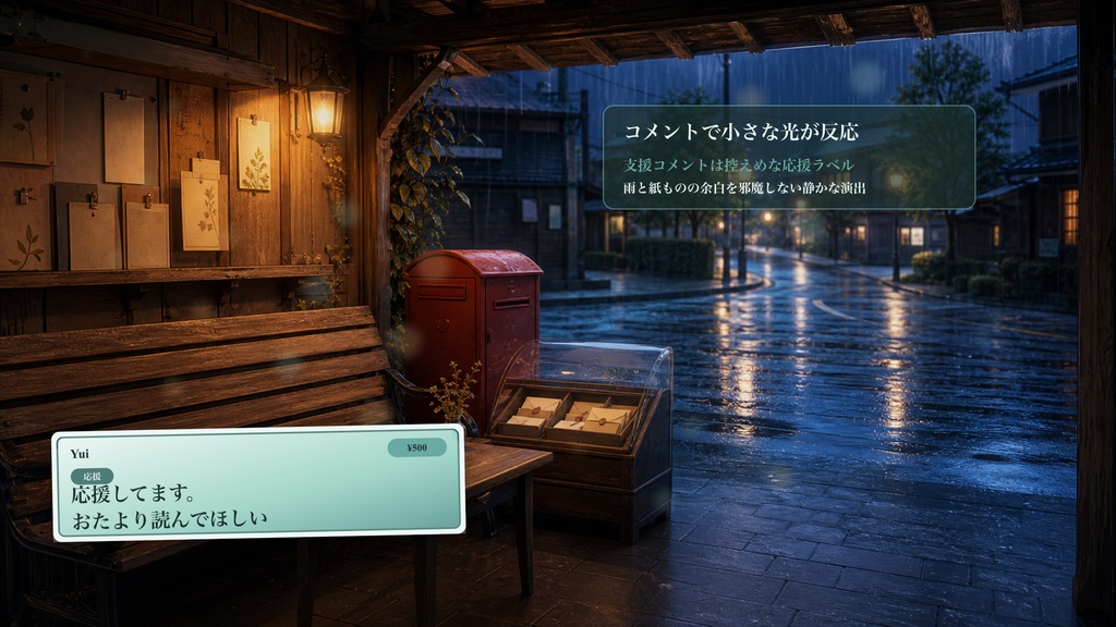 雨の日のポストベンチコメントオーバーレイ|OBS・わんコメ対応テンプレート
