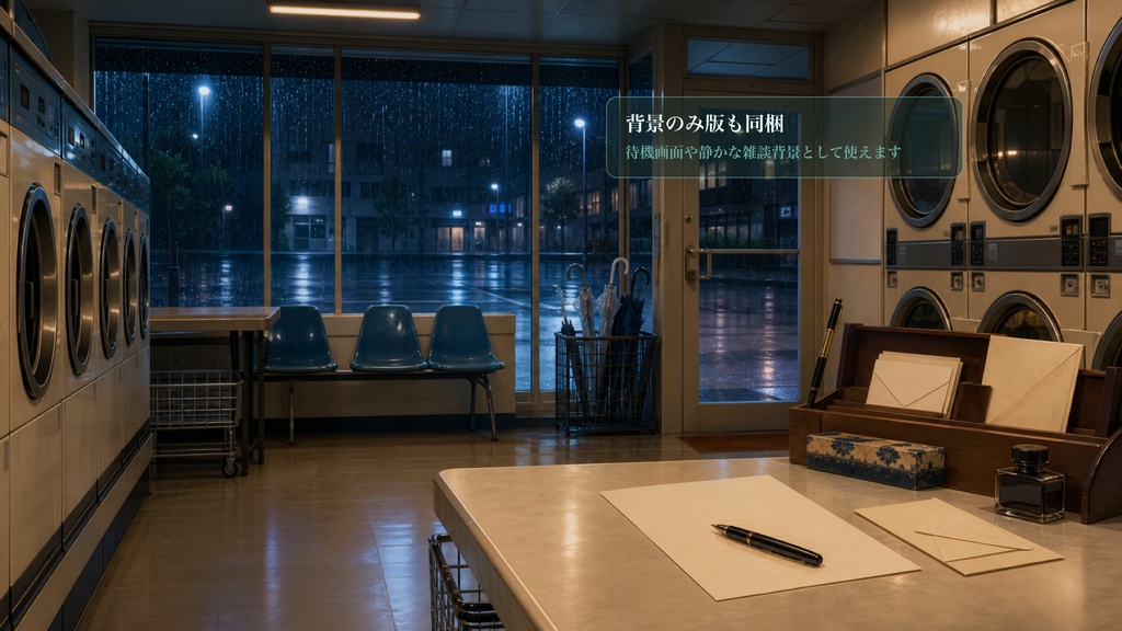 雨の日のコインランドリー便せんコメントオーバーレイ|OBS・わんコメ対応テンプレート