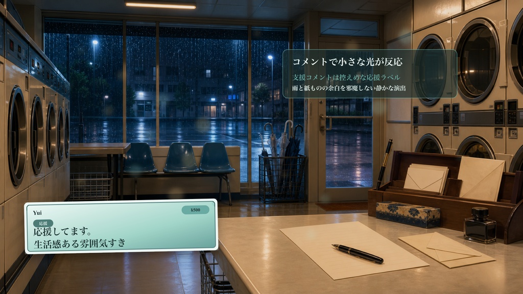 雨の日のコインランドリー便せんコメントオーバーレイ|OBS・わんコメ対応テンプレート