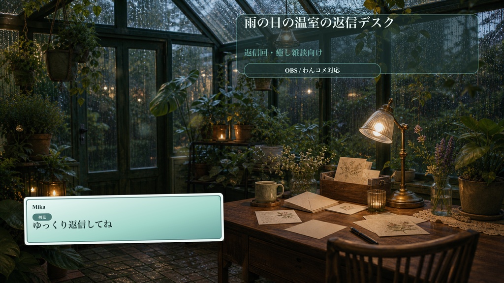 雨の日の温室の返信デスクコメントオーバーレイ|OBS・わんコメ対応テンプレート