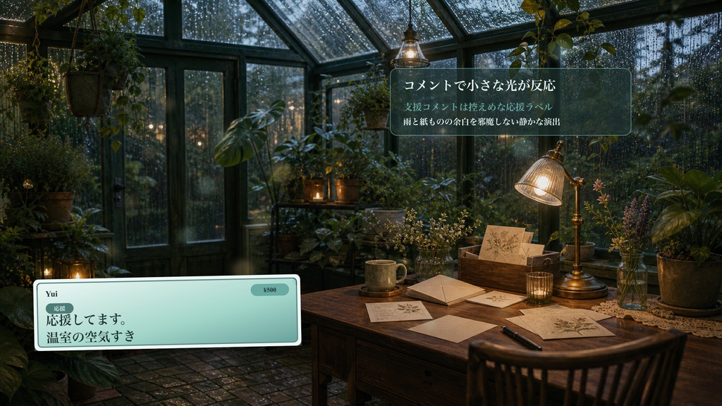 雨の日の温室の返信デスクコメントオーバーレイ|OBS・わんコメ対応テンプレート
