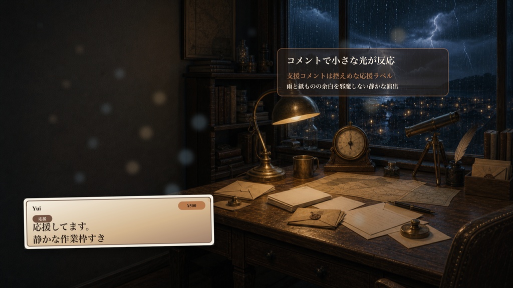 雨の日の嵐待ち観測レター机コメントオーバーレイ|OBS・わんコメ対応テンプレート
