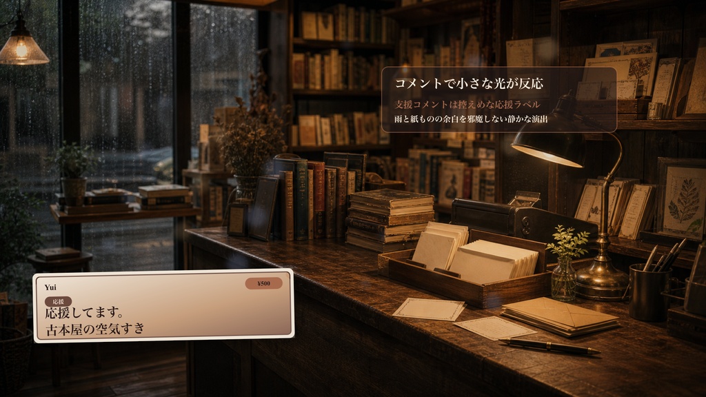 雨の日の古本屋おたよりカウンターコメントオーバーレイ|OBS・わんコメ対応テンプレート
