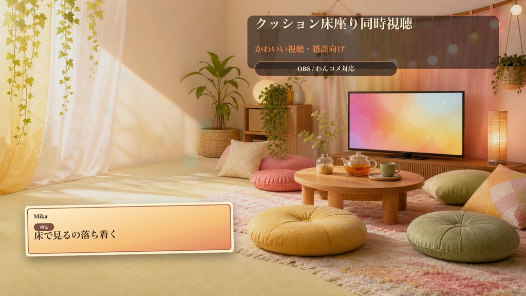 クッション床座り同時視聴コメントオーバーレイ｜OBS・わんコメ対応テンプレート
