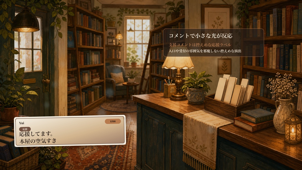本屋フロント初見歓迎コメントオーバーレイ|OBS・わんコメ対応テンプレート
