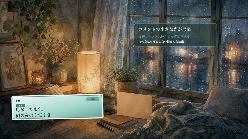 雨音おやすみ窓コメントオーバーレイ|OBS・わんコメ対応テンプレート