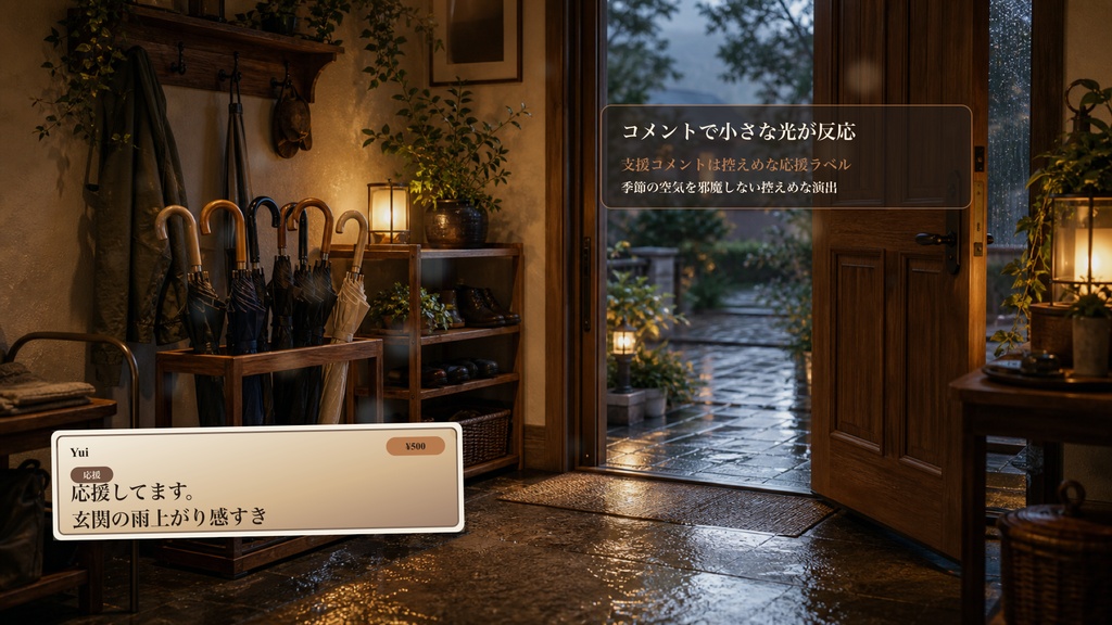雨上がり傘置き玄関コメントオーバーレイ|OBS・わんコメ対応テンプレート