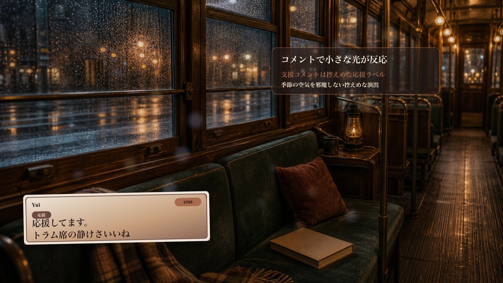 雨の日トラム読書席コメントオーバーレイ|OBS・わんコメ対応テンプレート