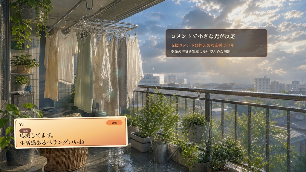 雨上がり洗濯ベランダコメントオーバーレイ|OBS・わんコメ対応テンプレート