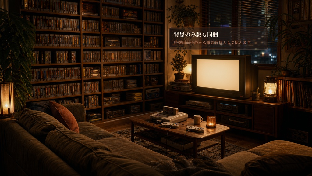 レトロカセット棚ラウンジコメントオーバーレイ|OBS・わんコメ対応テンプレート