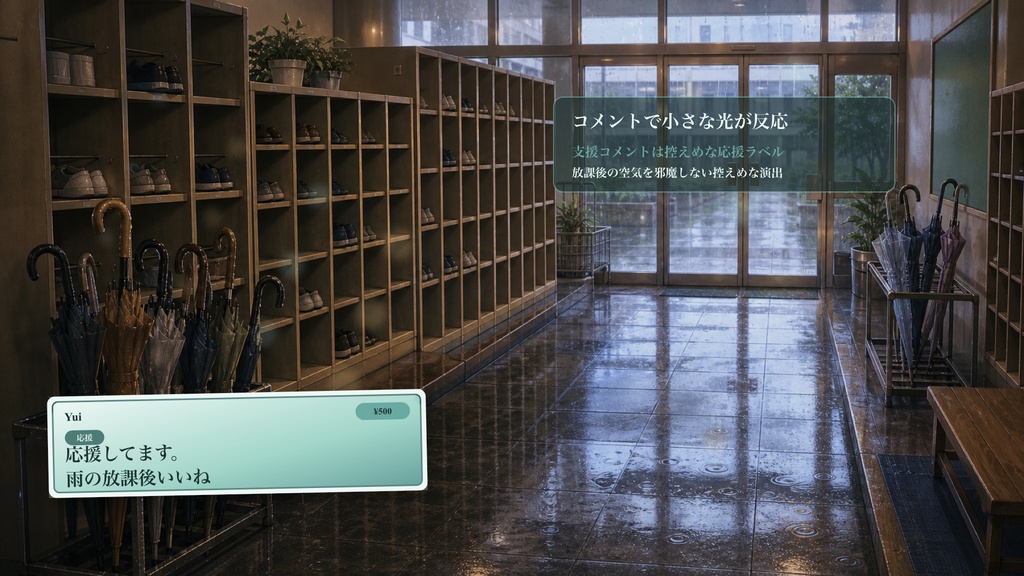 雨の日下駄箱エントリーコメントオーバーレイ|OBS・わんコメ対応テンプレート