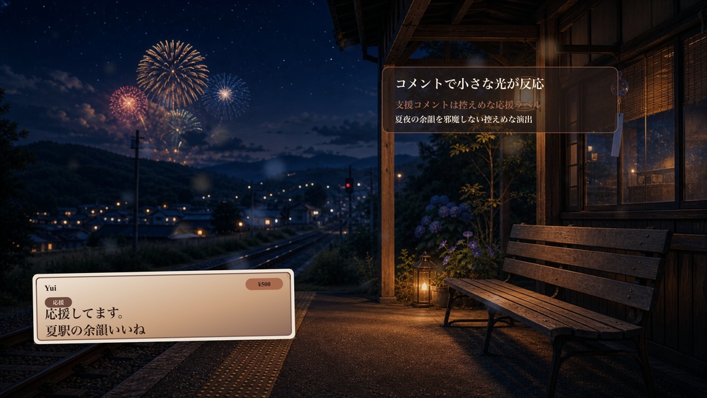 夏駅ホーム花火ベンチコメントオーバーレイ|OBS・わんコメ対応テンプレート