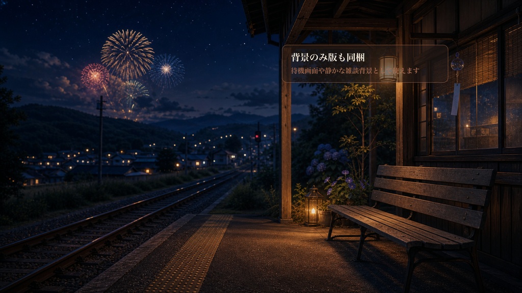 夏駅ホーム花火ベンチコメントオーバーレイ|OBS・わんコメ対応テンプレート