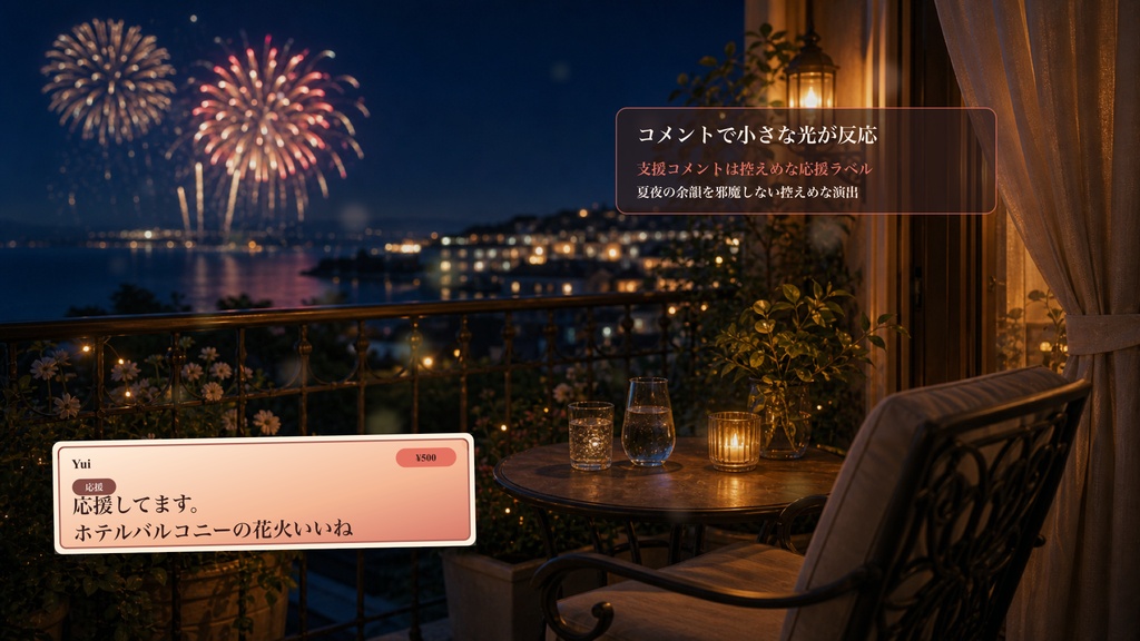 ホテルバルコニー花火テーブルコメントオーバーレイ|OBS・わんコメ対応テンプレート