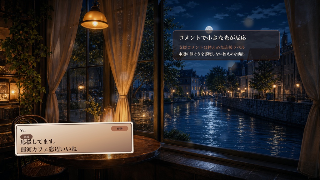 月夜運河カフェ窓辺コメントオーバーレイ|OBS・わんコメ対応テンプレート