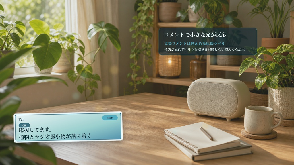 植物デスクラジオ部屋コメントオーバーレイ|OBS・わんコメ対応テンプレート