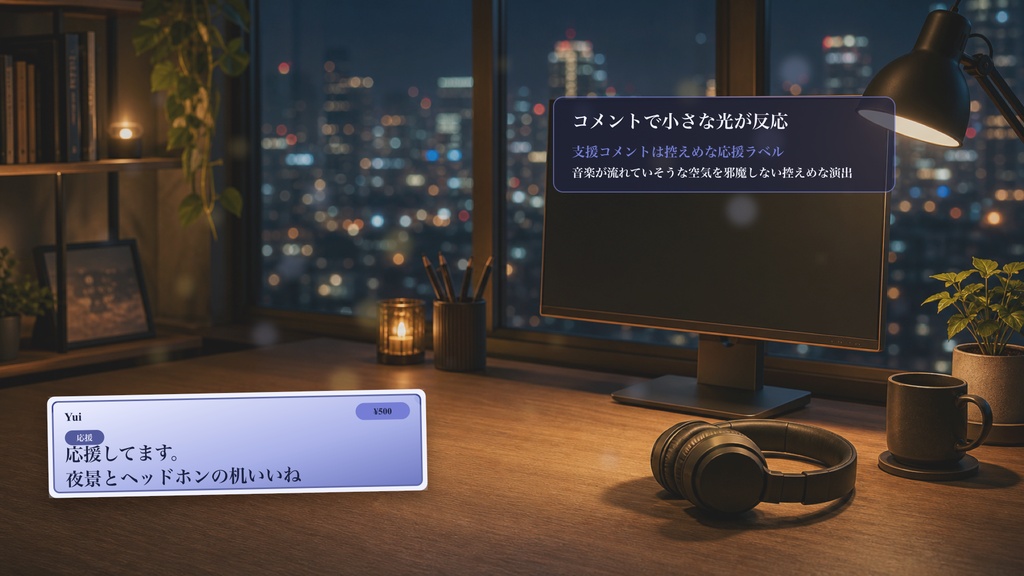 夜景ヘッドホンデスクコメントオーバーレイ|OBS・わんコメ対応テンプレート