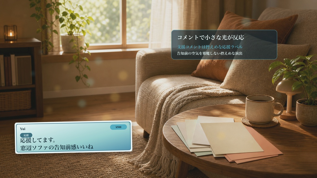告知前の窓辺ソファコメントオーバーレイ|OBS・わんコメ対応テンプレート