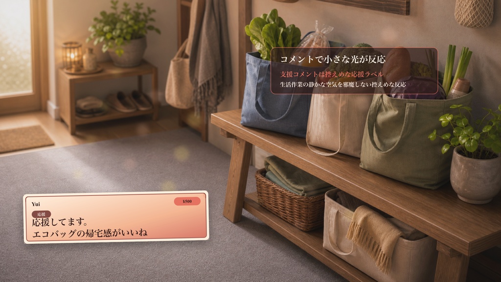 買い物帰りのエコバッグテーブルコメントオーバーレイ|OBS・わんコメ対応テンプレート