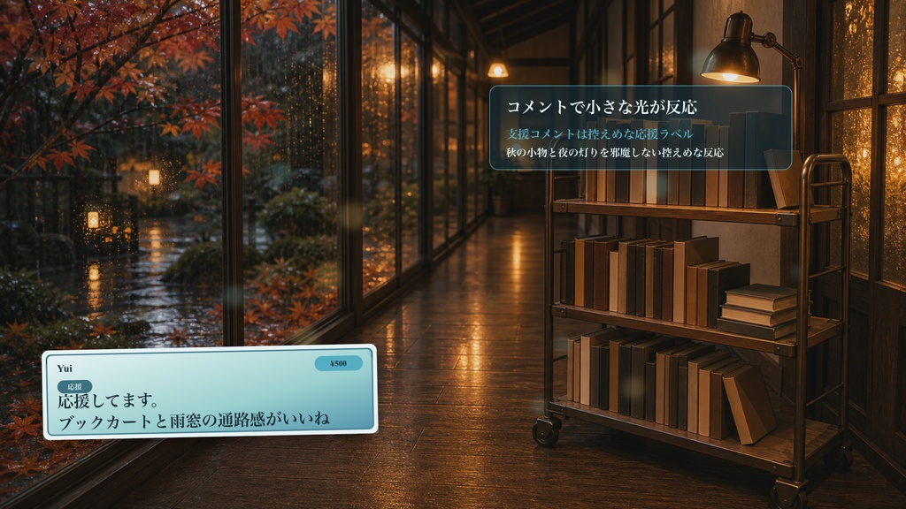 秋雨ブックカート通路コメントオーバーレイ|OBS・わんコメ対応テンプレート