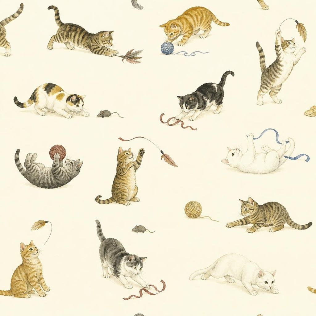 「遊ぶ猫たち」｜やさしい水彩ねこパターン