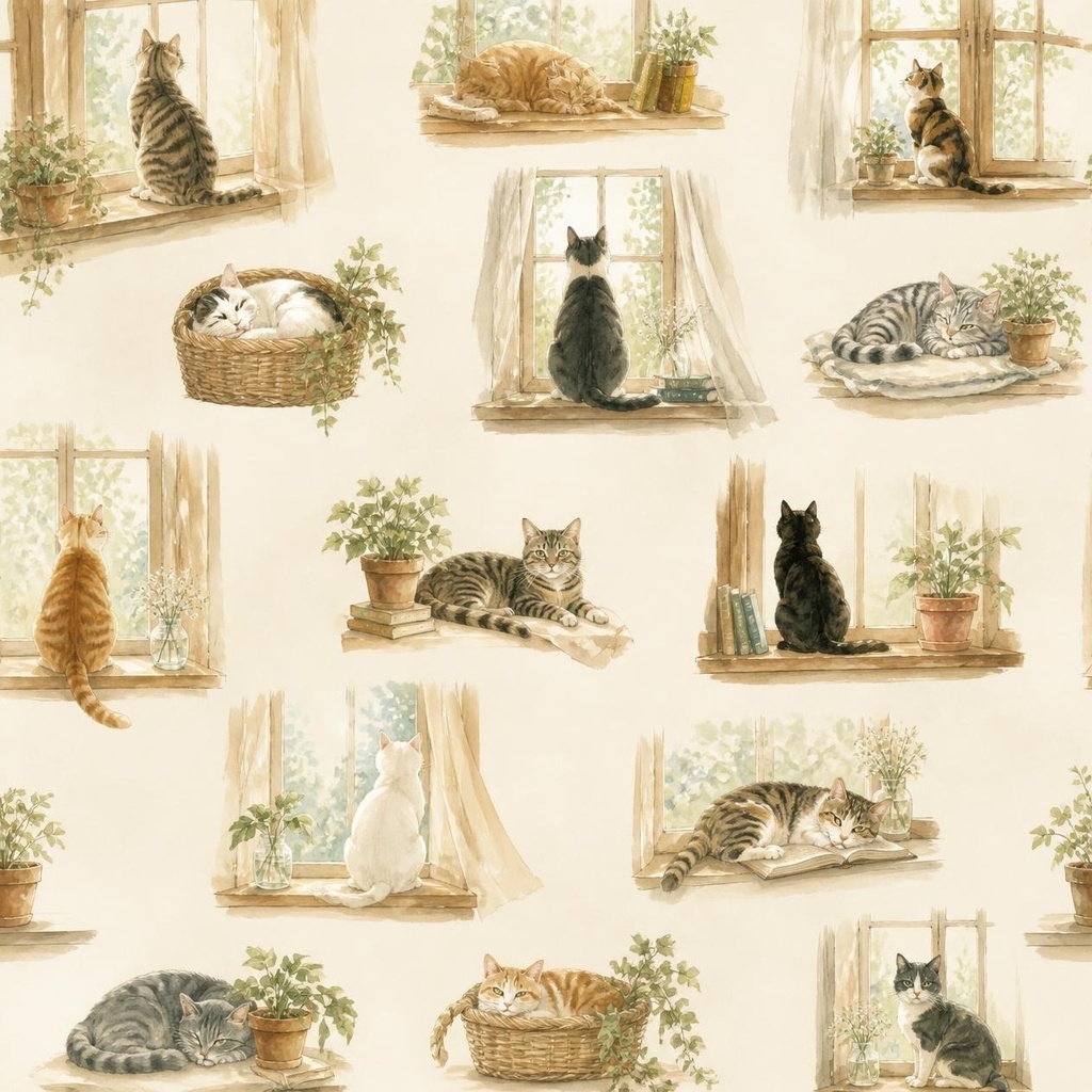 窓辺の猫たち｜水彩猫シームレスパターン