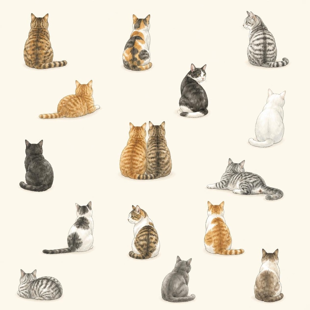 水彩猫パターン「猫の後ろ姿」｜シームレス背景素材