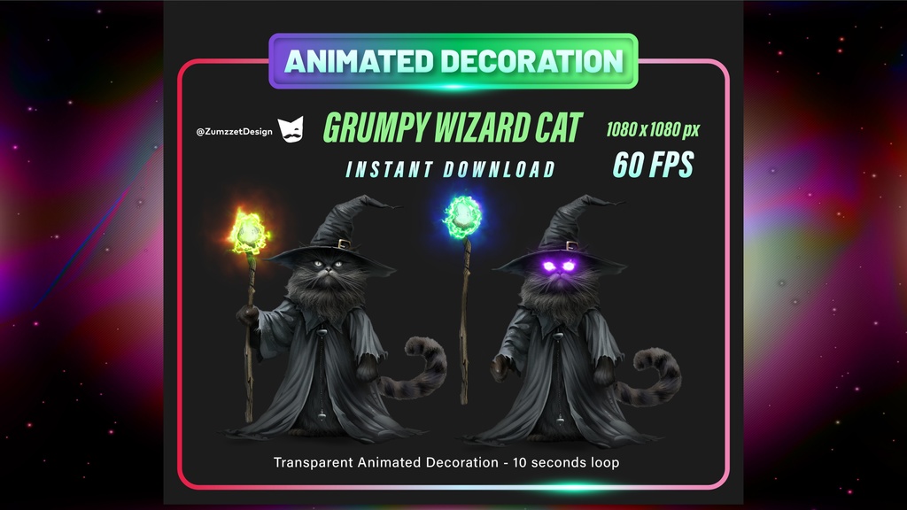アニメーション・魔法使いネコ – 配信用デコレーション素材 WebM（60FPS・透過ループ）