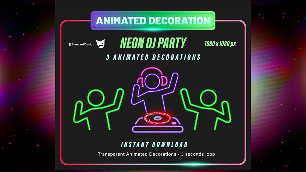 アニメーション・ネオンDJパーティー – 配信用デコレーション3種セット(透過・3秒ループ)