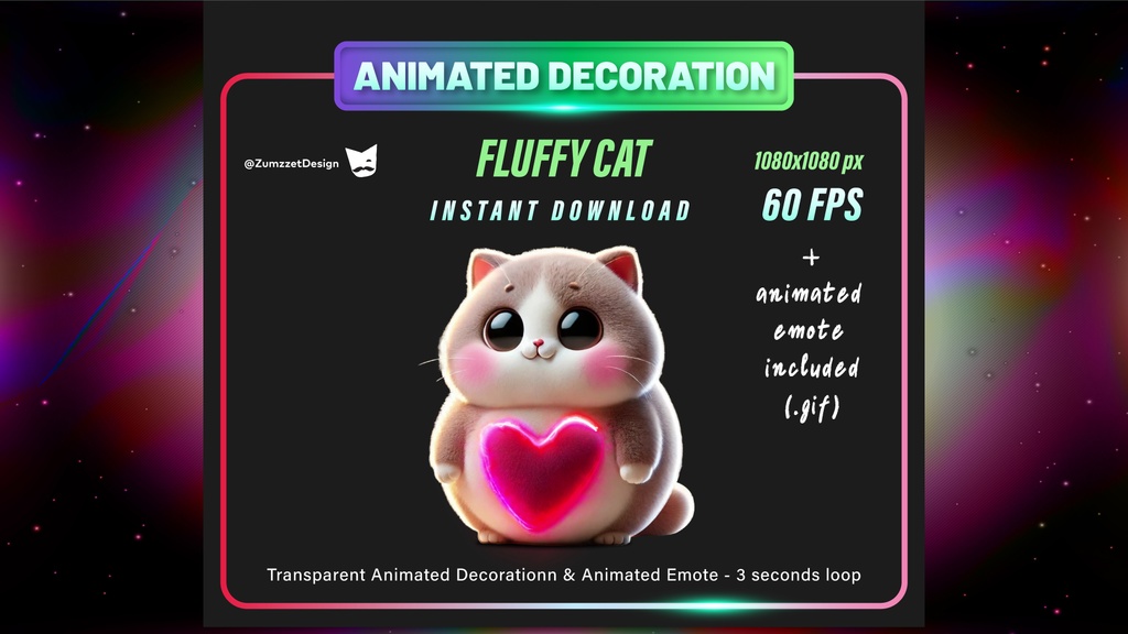 アニメーション・ふわふわハートねこ – 配信用デコレーション&GIFエモート付き(60FPS・透過・3秒ループ)