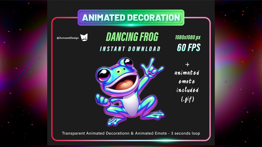 アニメーション・踊るカエル – 配信用デコレーション＆GIFエモート付き（60FPS・透過・3秒ループ）