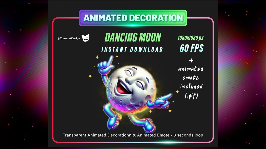アニメーション・ダンシングムーン – 配信用デコレーション＆GIFエモート付き（60FPS・透過・3秒ループ）
