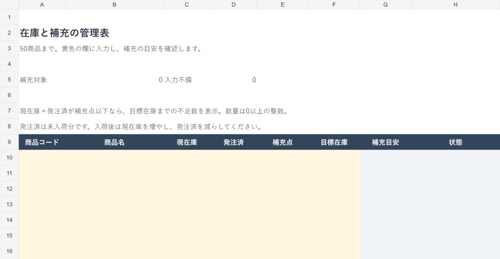 小さな物販の在庫・補充管理表|Excel・50商品・発注済を考慮