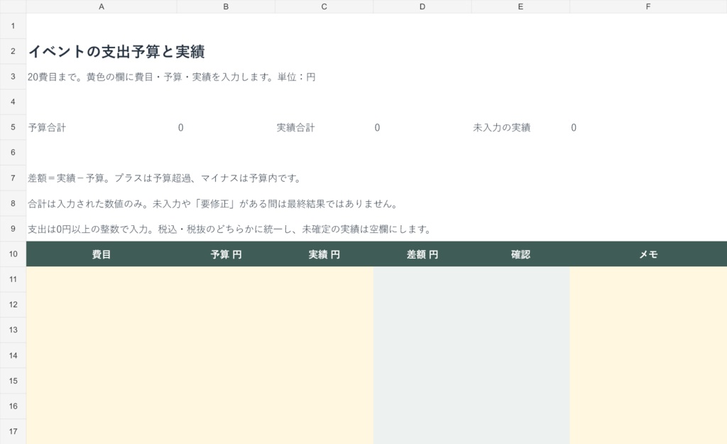 イベントの支出予算と実績|Excel・20費目・差額を確認