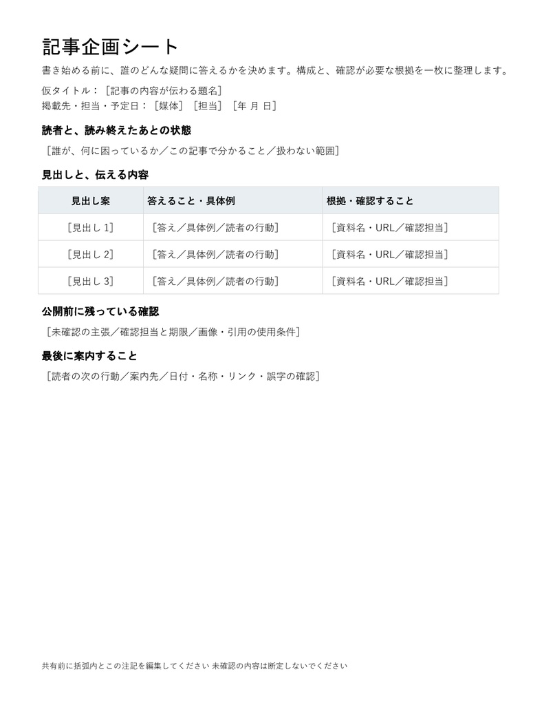 記事企画シート|編集できるWord・読者と構成と根拠を整理・記入例付き