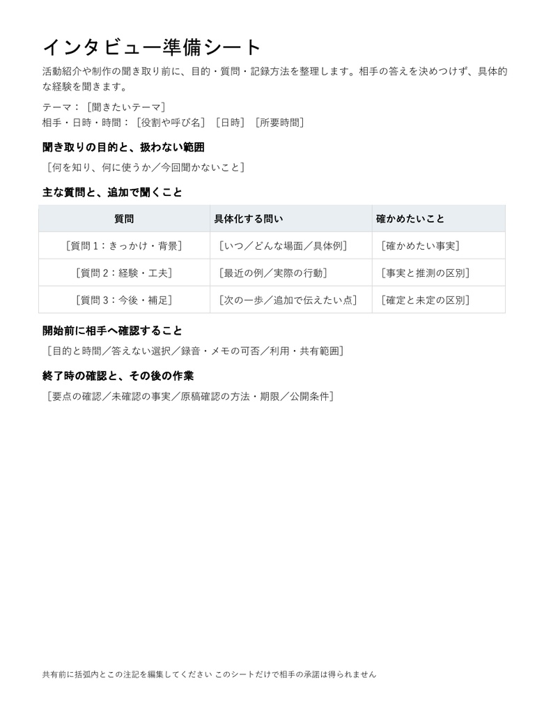 インタビュー準備シート｜編集できるWord・質問と確認事項を整理・記入例付き