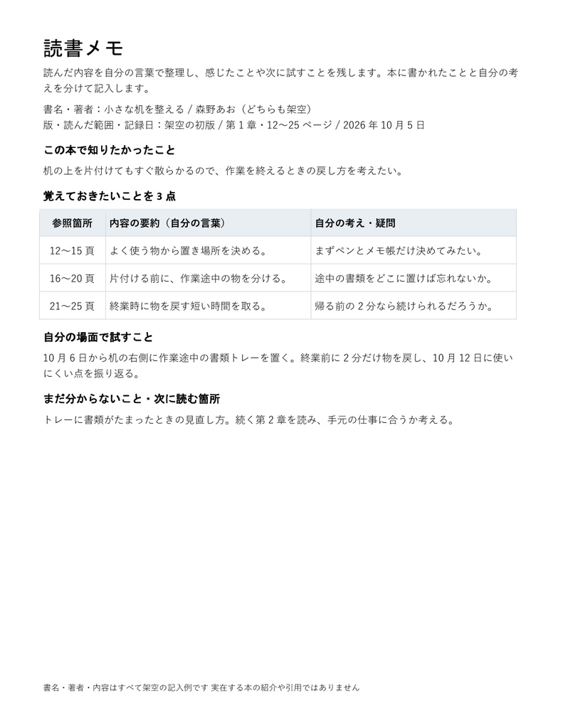 読書メモ|編集できるWord・内容と自分の考えを分ける・記入例付き