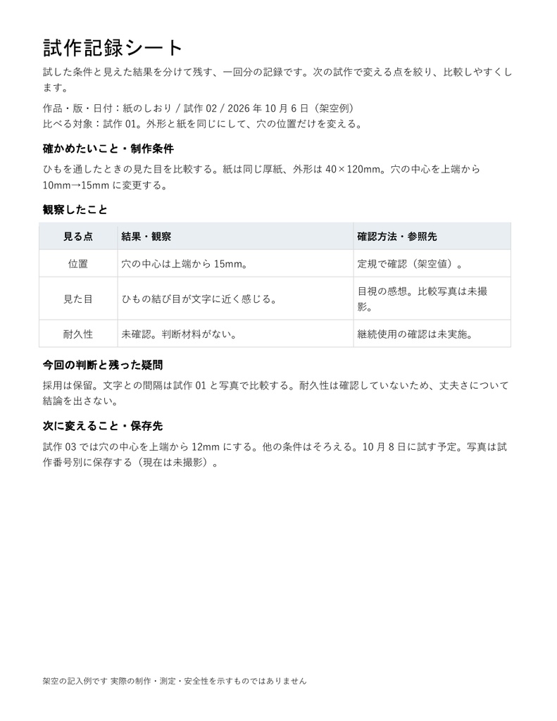 試作記録シート|編集できるWord・制作条件と観察と次の変更点・架空記入例付き