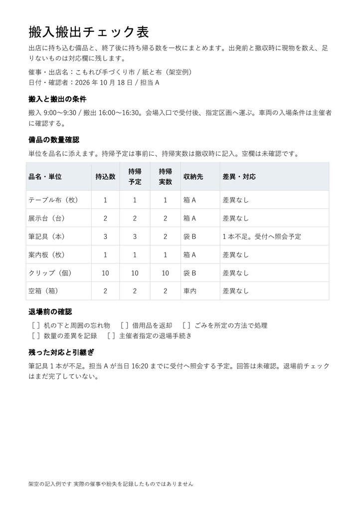 搬入搬出チェック表|編集できるWord・出店備品6項目・架空記入例付き