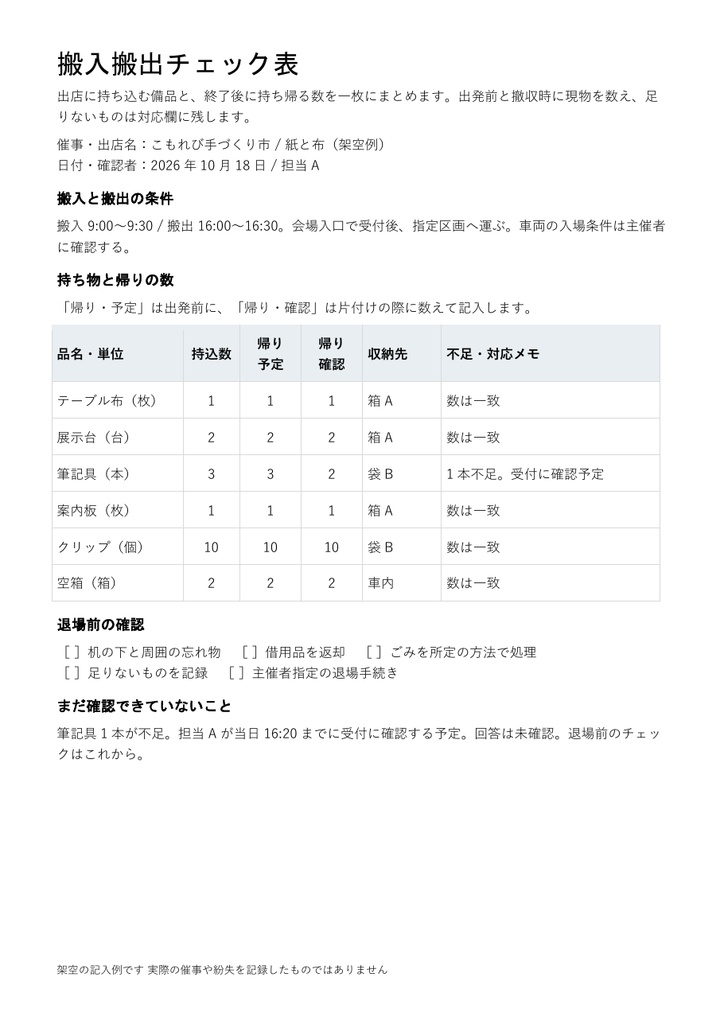 搬入搬出チェック表|編集できるWord・出店備品6項目・架空記入例付き